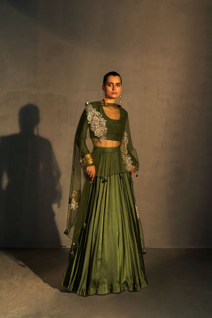 Green Lehenga & Blouse with Embroidered Dupatta