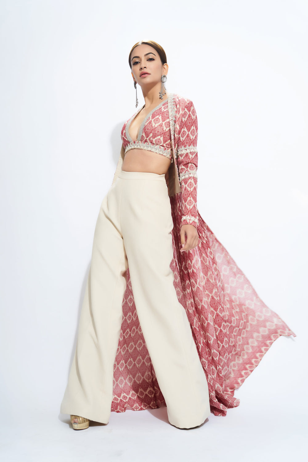 A Printed Embellished Blouse & Cape With Trousers - BHUMIKA SHARMA