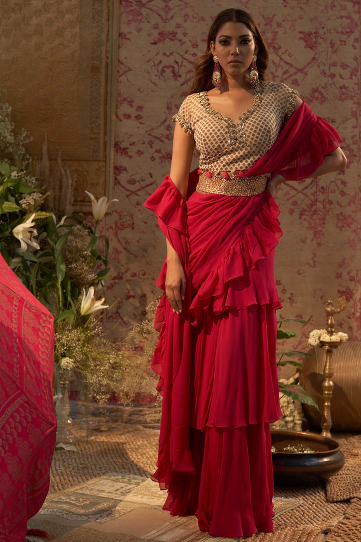 Rani Pink Belted Layered Saree