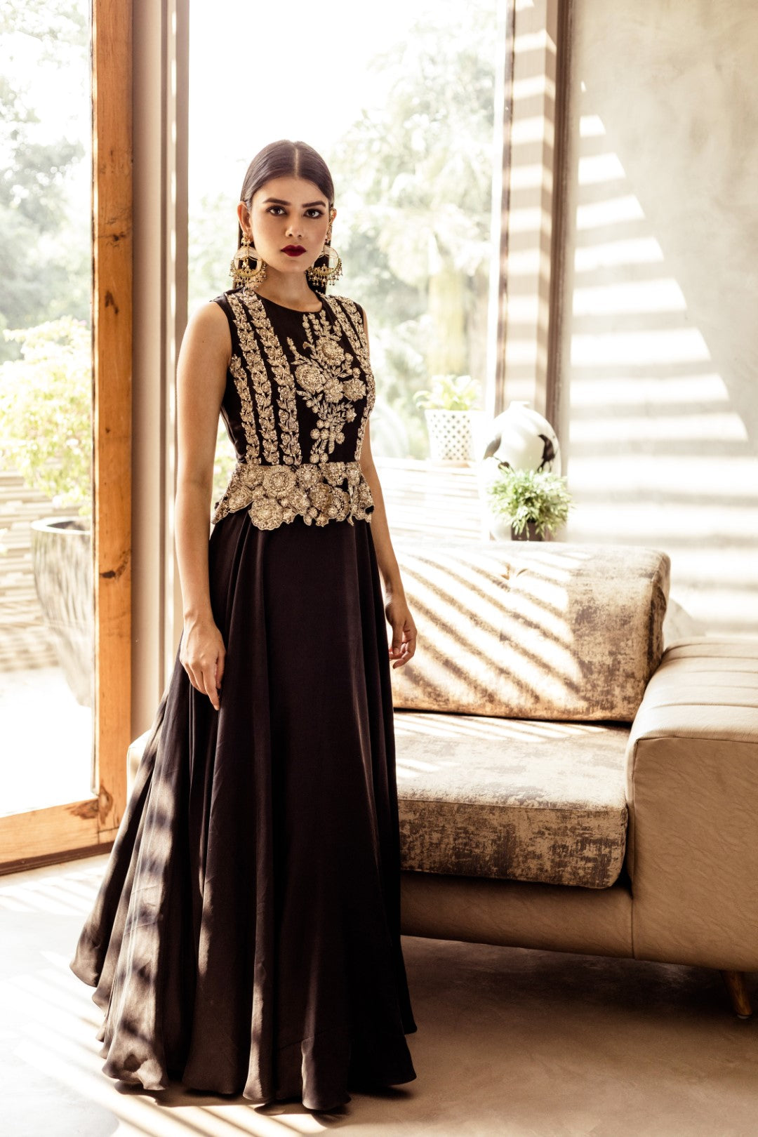 Black Embellished Peplum Gown – Bhumika Sharma