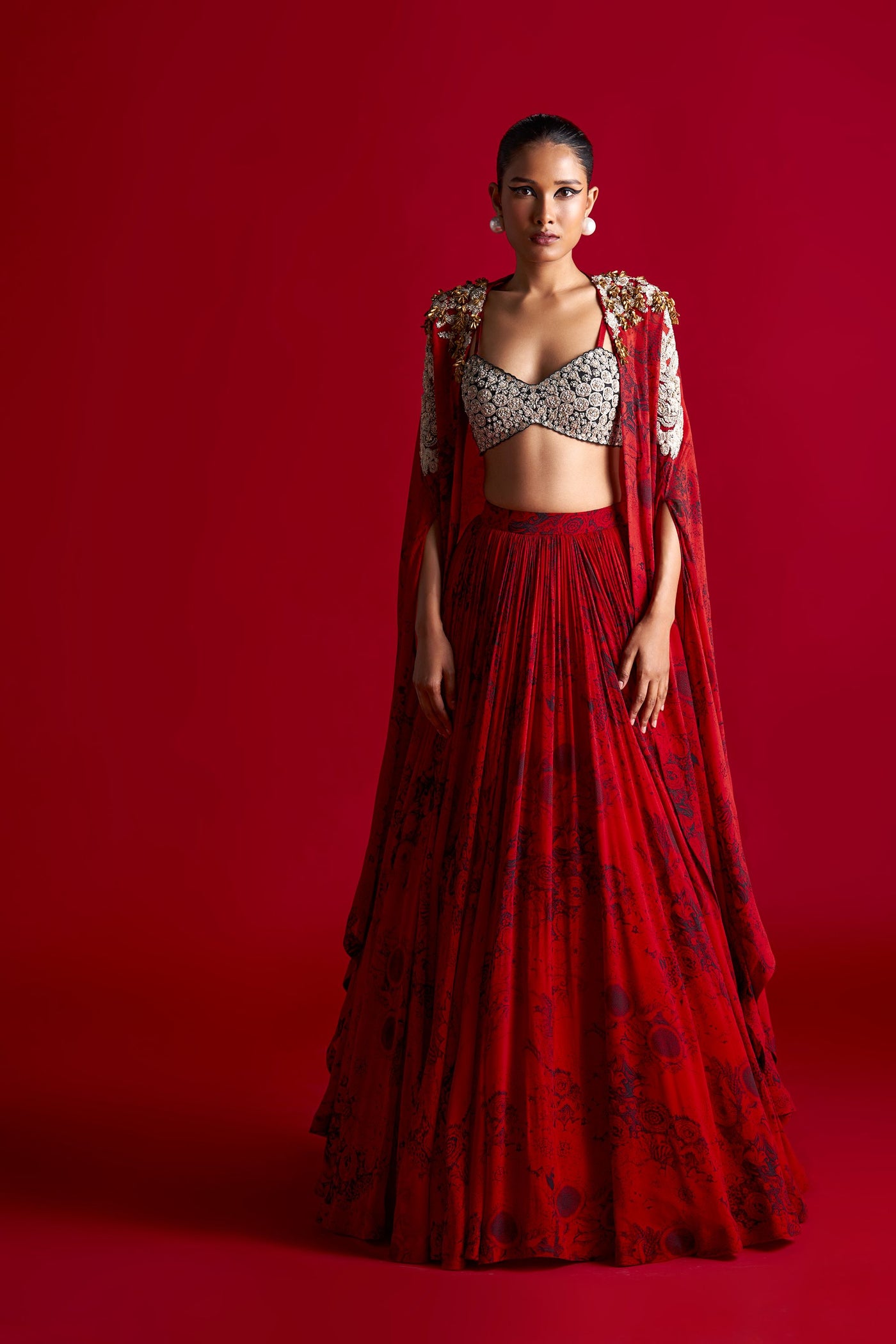 Red & Black Skirt Set with Blossom Cape