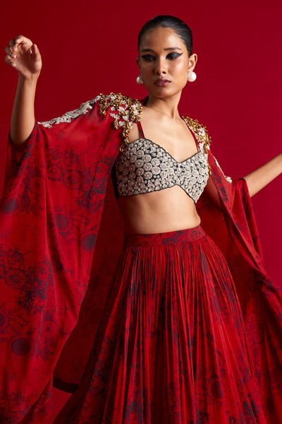 Red & Black Skirt Set with Blossom Cape
