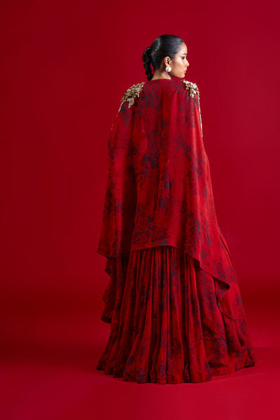 Red & Black Skirt Set with Blossom Cape