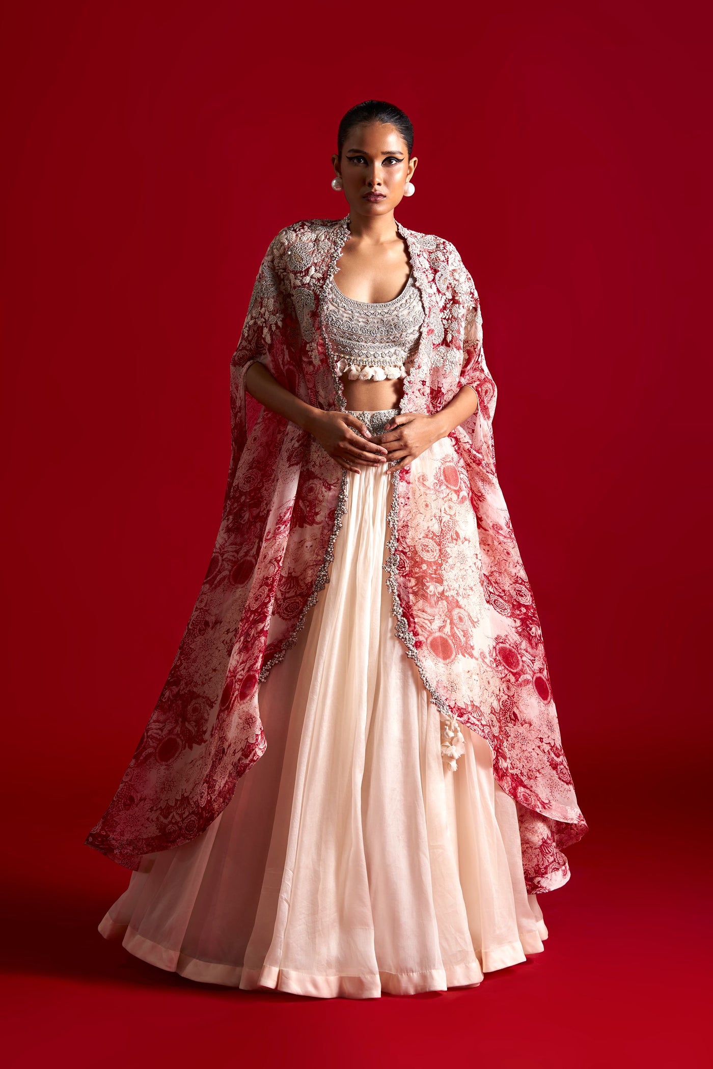 Ivory Lehenga & Blossom Embroidered Cape Set