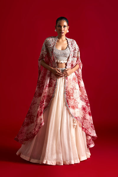 Ivory Lehenga & Blossom Embroidered Cape Set