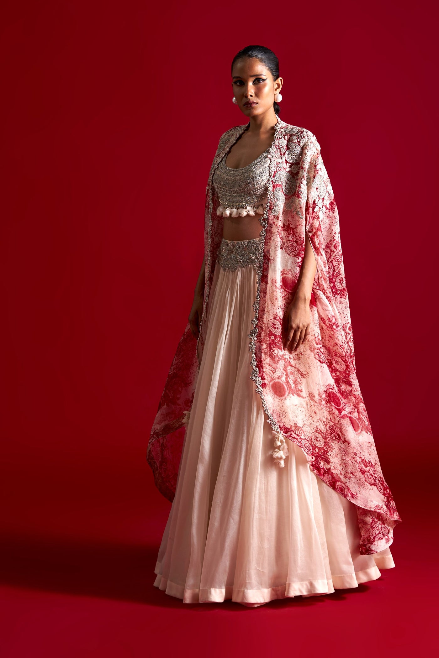 Ivory Lehenga & Blossom Embroidered Cape Set