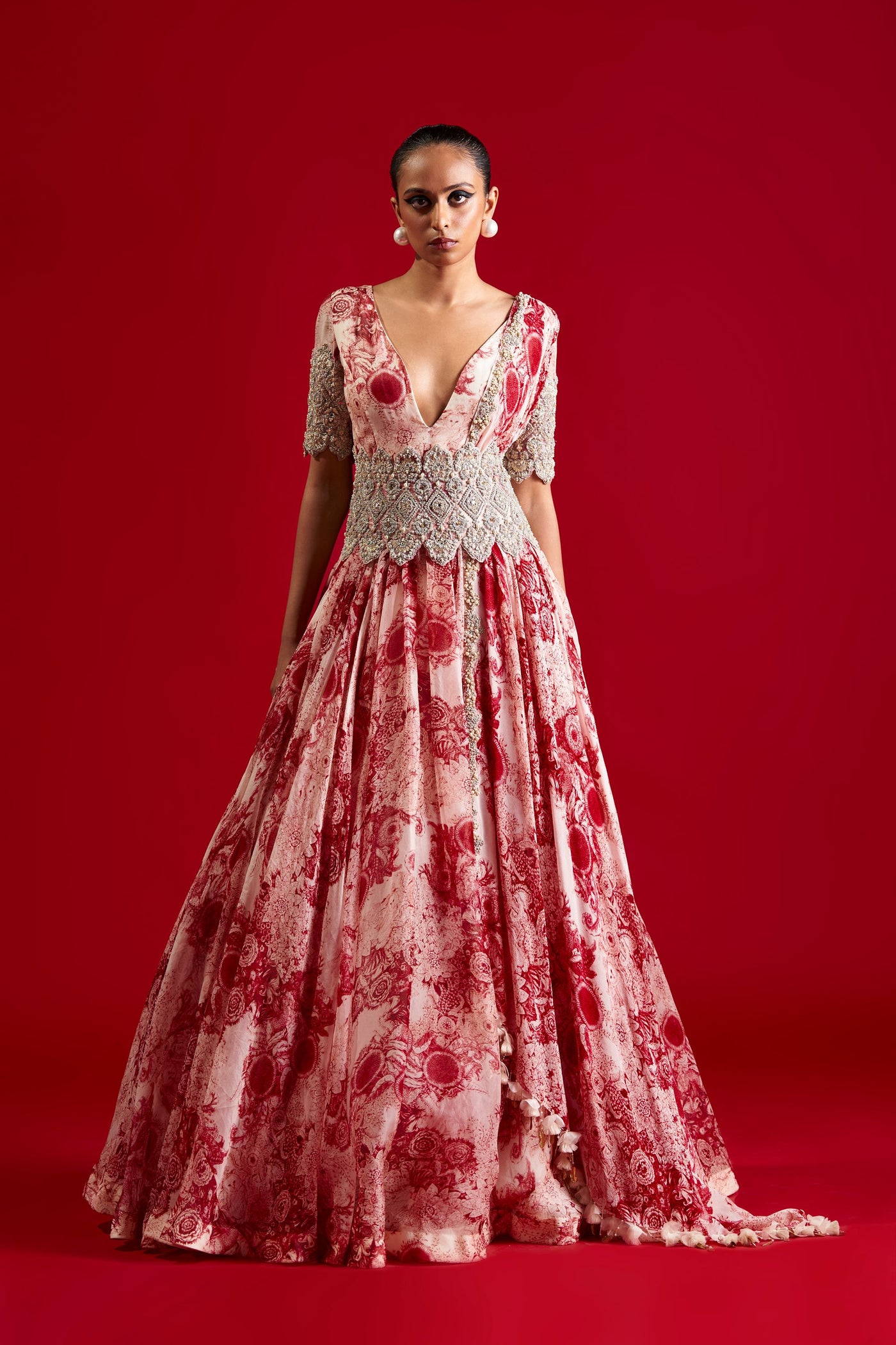 Ivory & Red Blossom Belted Anarkali