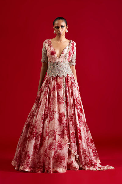 Ivory & Red Blossom Belted Anarkali