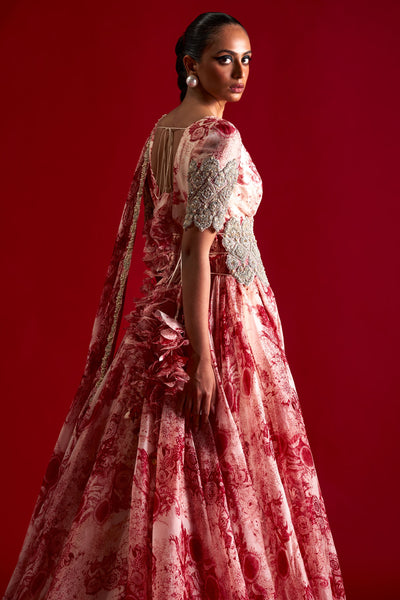 Ivory & Red Blossom Belted Anarkali
