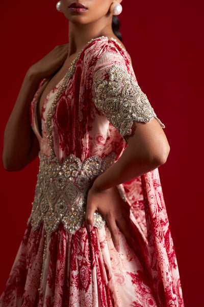 Ivory & Red Blossom Belted Anarkali