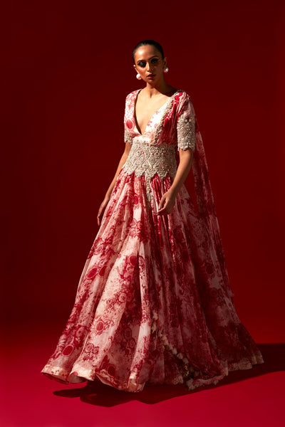 Ivory & Red Blossom Belted Anarkali