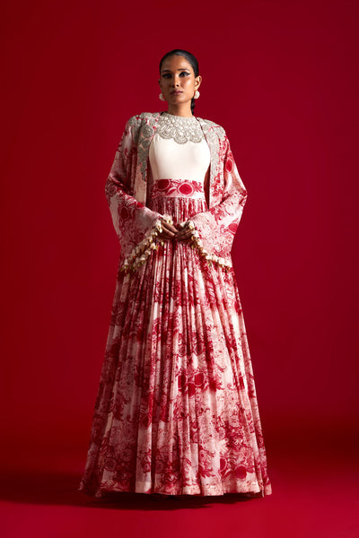 Ivory & Red Blossom Jacket Anarkali