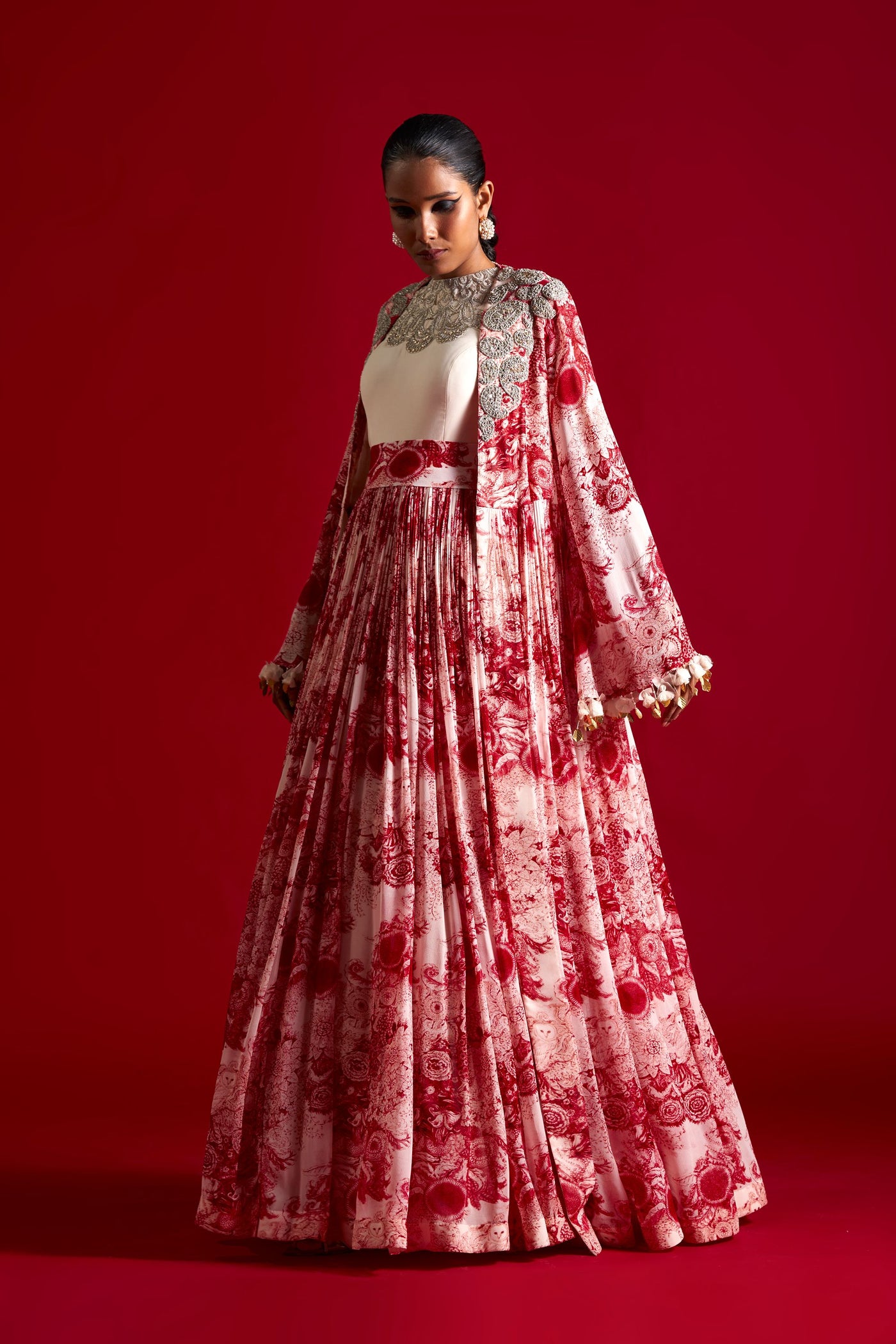Ivory & Red Blossom Jacket Anarkali