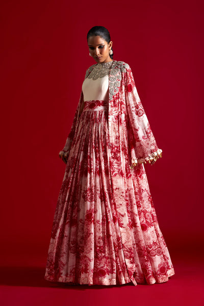Ivory & Red Blossom Jacket Anarkali
