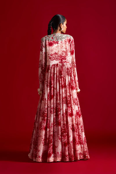 Ivory & Red Blossom Jacket Anarkali