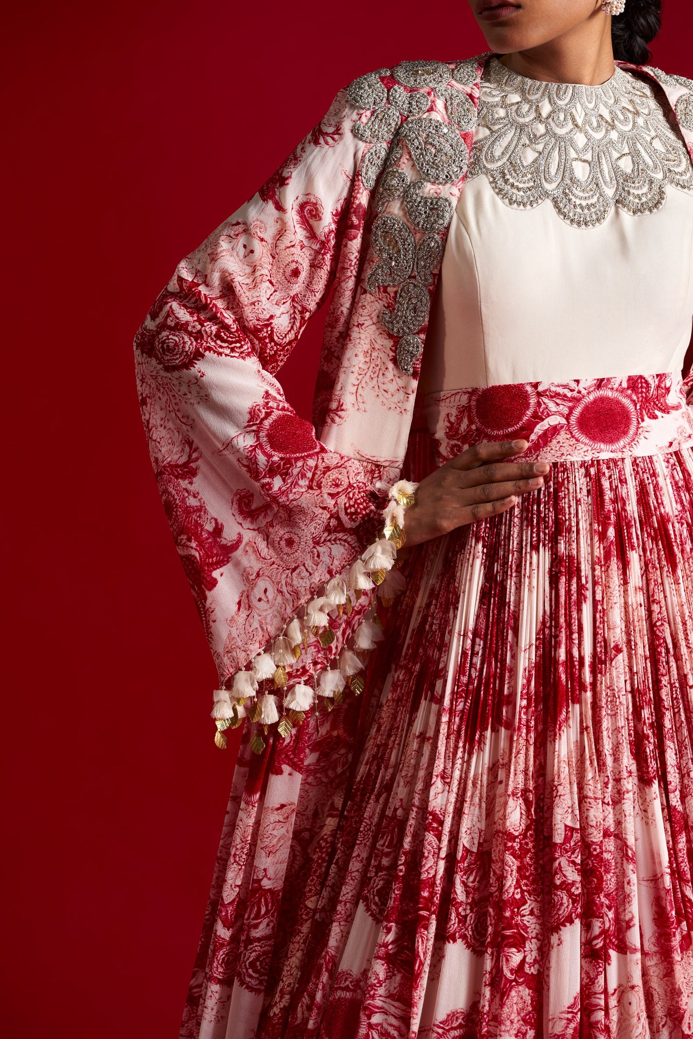 Ivory & Red Blossom Jacket Anarkali