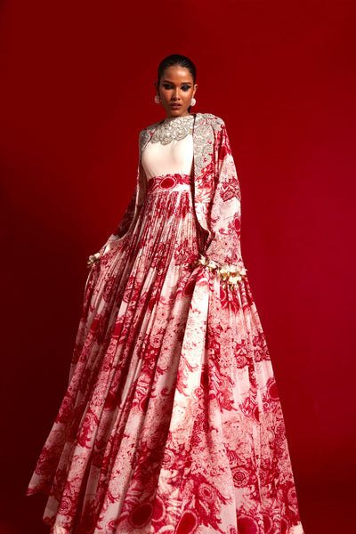 Ivory & Red Blossom Jacket Anarkali