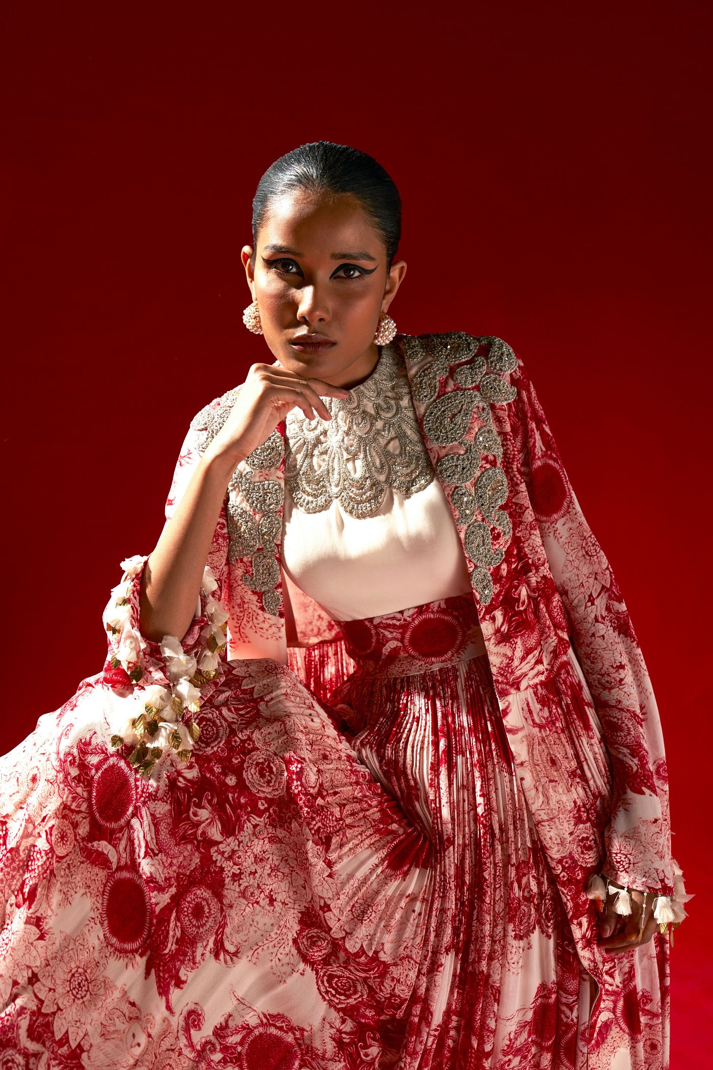 Ivory & Red Blossom Jacket Anarkali