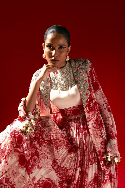 Ivory & Red Blossom Jacket Anarkali