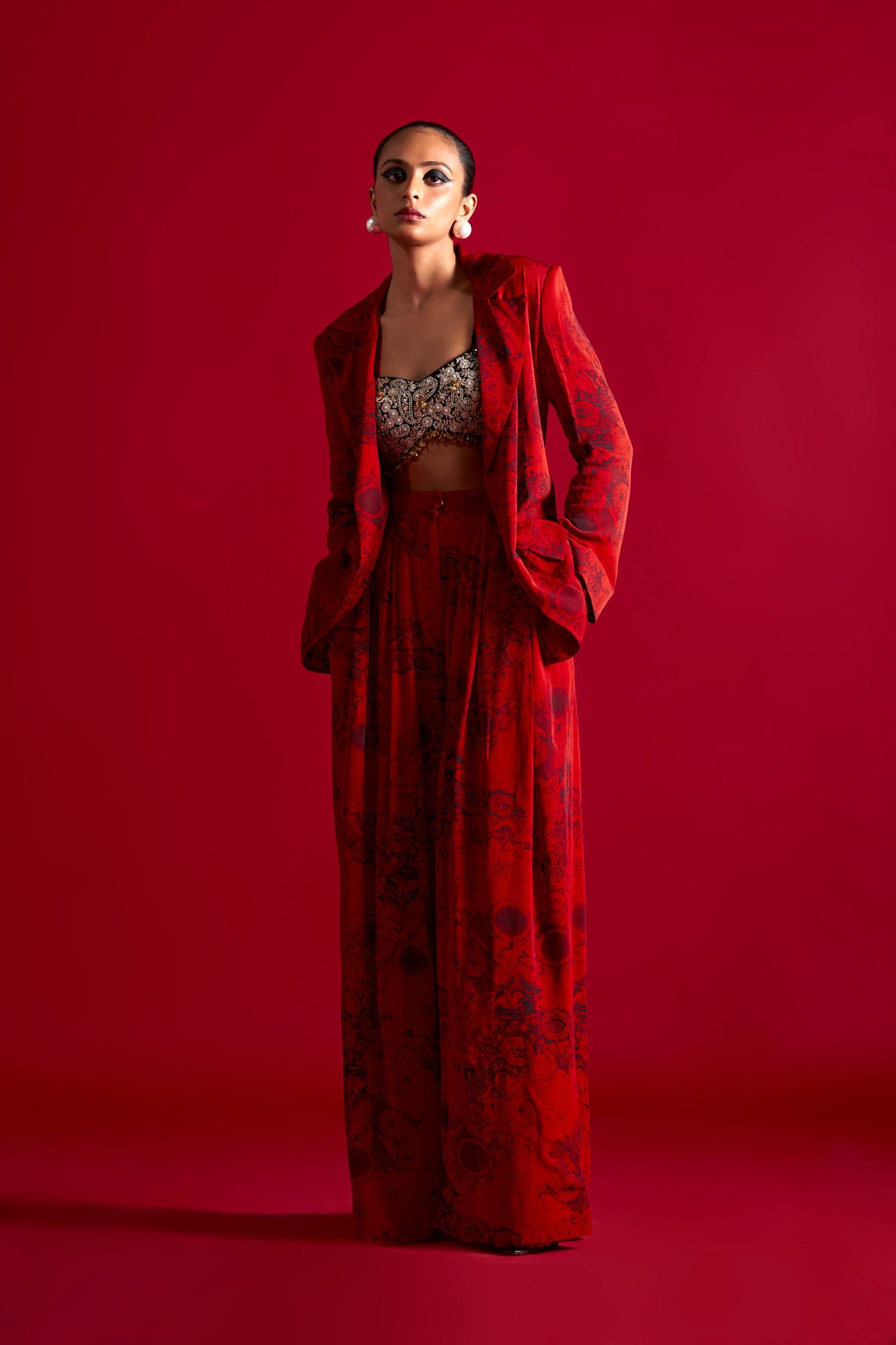 Red & Black Blossom Jacket Pant Set