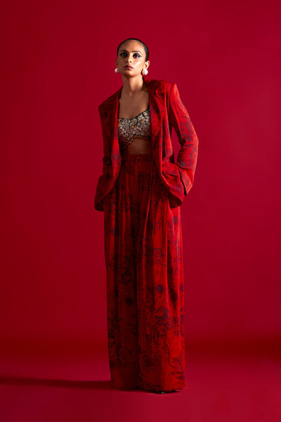 Red & Black Blossom Jacket Pant Set