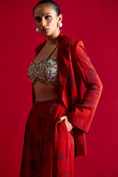 Red & Black Blossom Jacket Pant Set