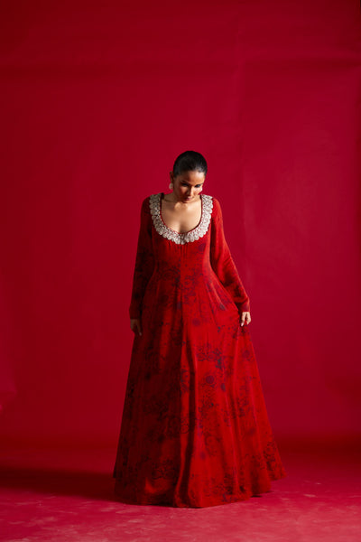 Red & Black Blossom Print Anarkali Set