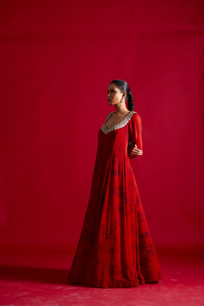 Red & Black Blossom Print Anarkali Set