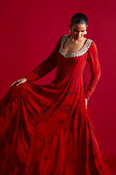 Red & Black Blossom Print Anarkali Set