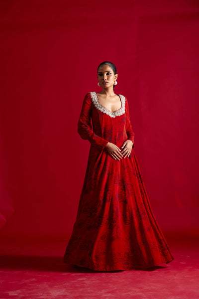 Red & Black Blossom Print Anarkali Set