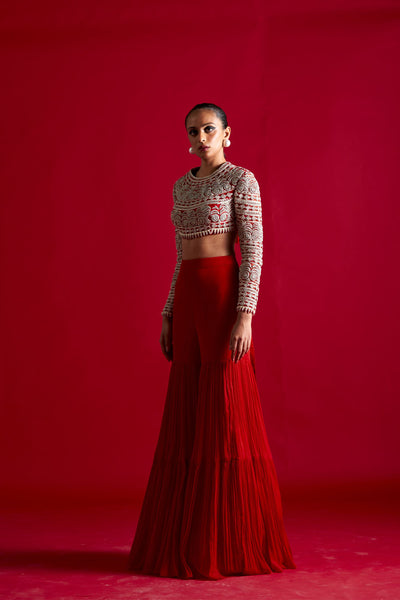 Geometric Blouse & Red Sharara Set