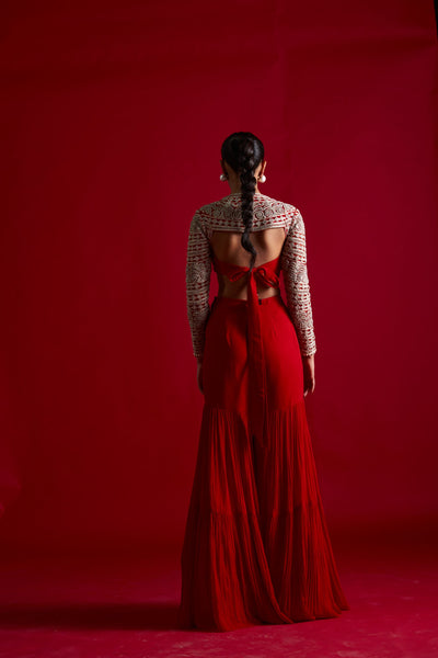 Geometric Blouse & Red Sharara Set