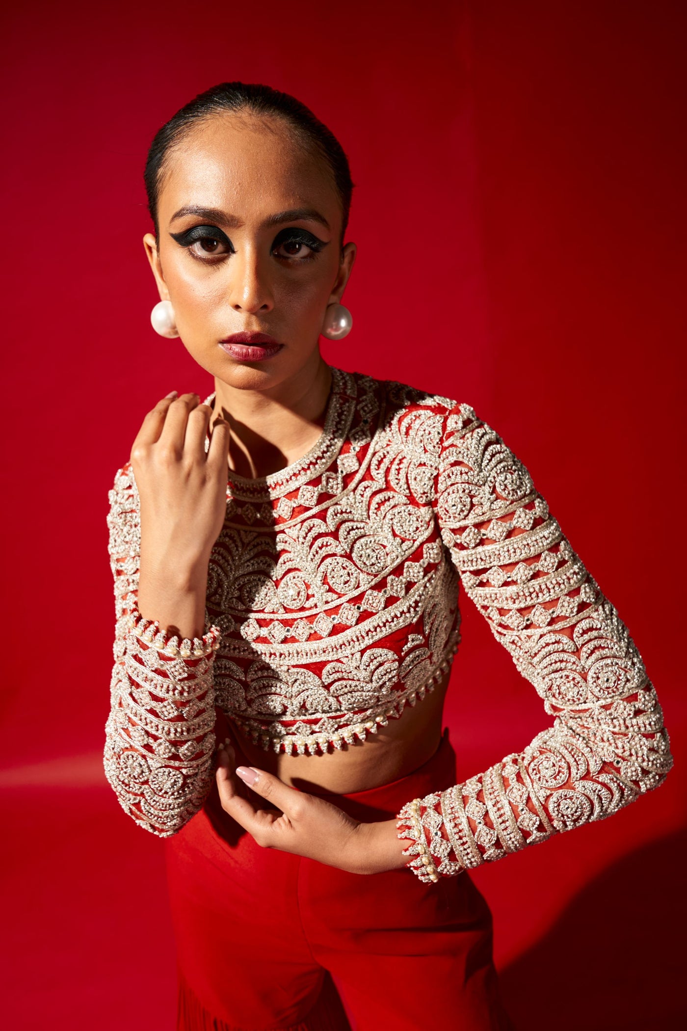 Geometric Blouse & Red Sharara Set