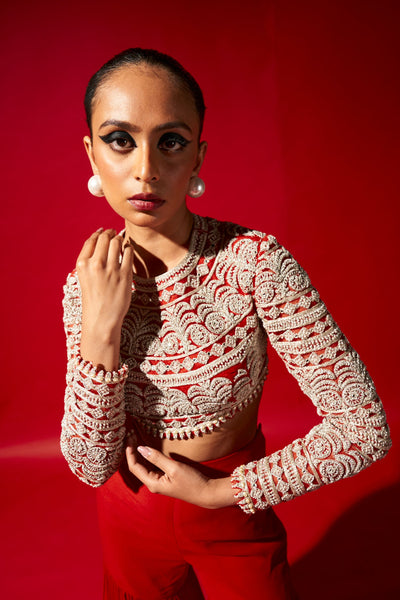 Geometric Blouse & Red Sharara Set