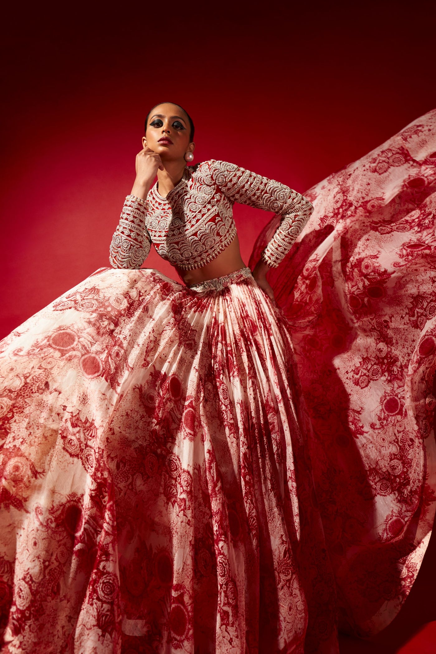 Champagne & Red Blossom Lehenga Set