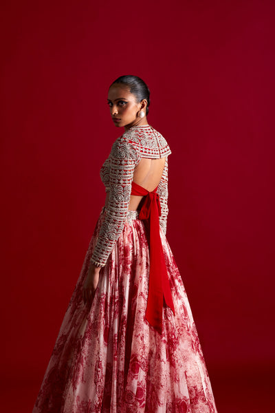 Champagne & Red Blossom Lehenga Set
