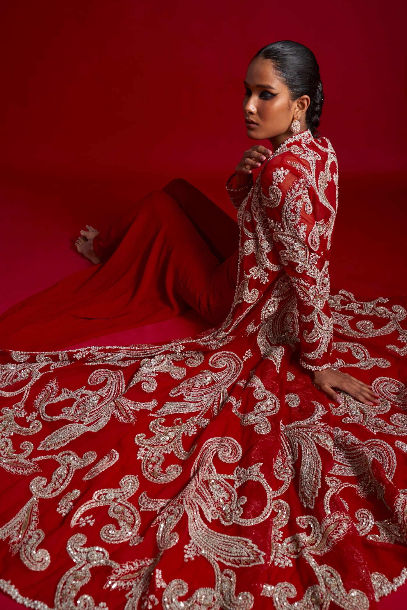 Red Embroidered Kalidaar Jacket Set