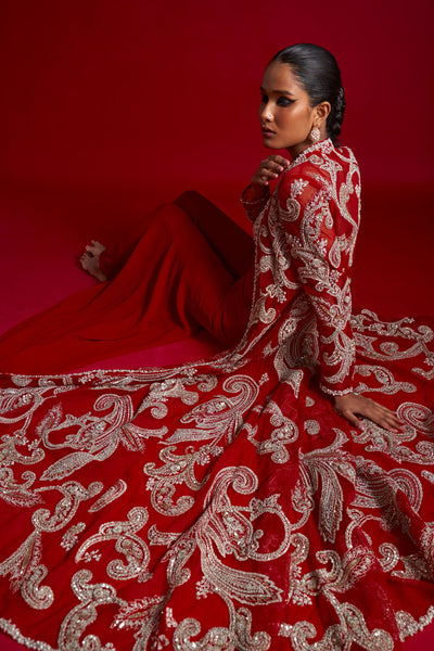 Red Embroidered Kalidaar Jacket Set