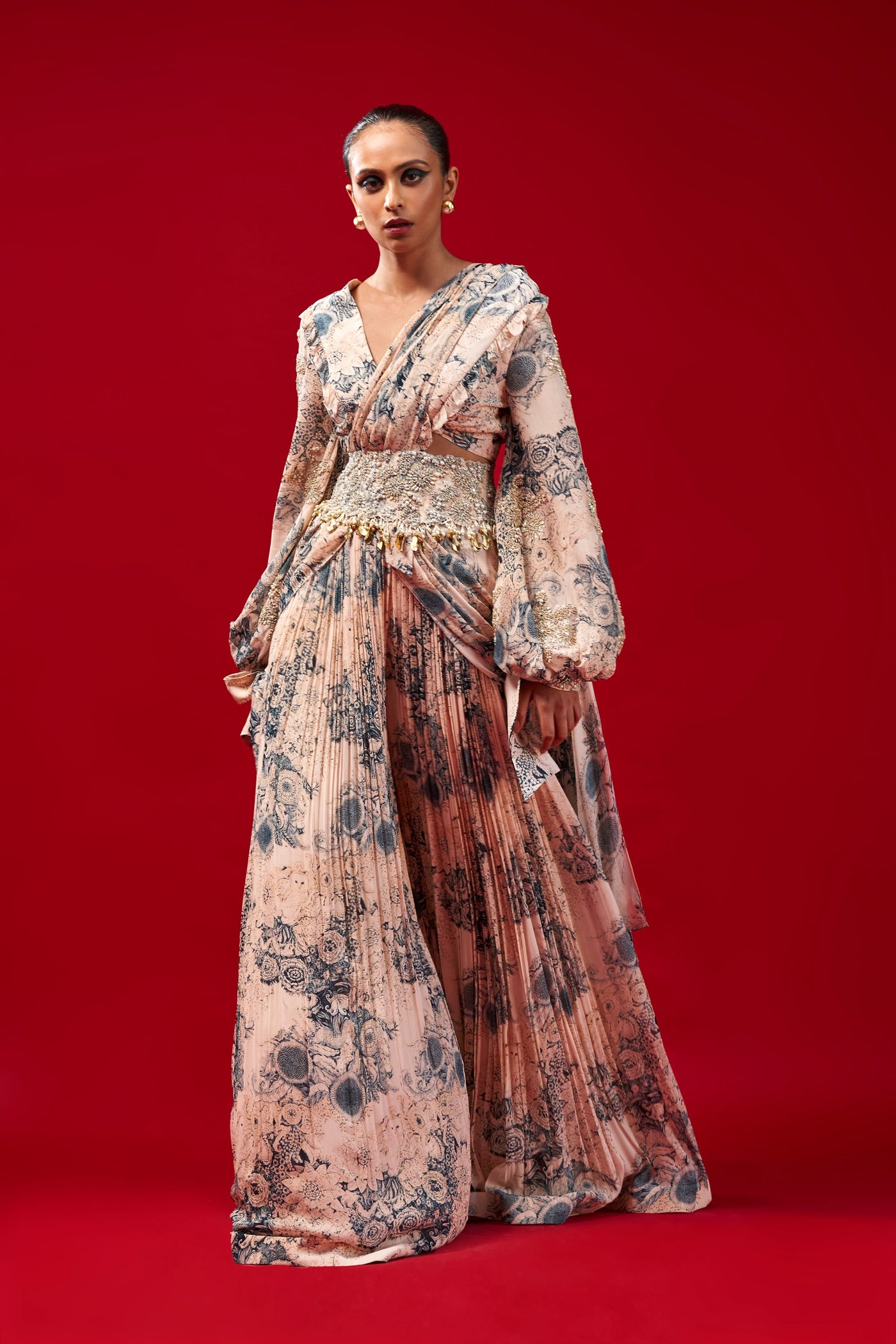 Champagne & Blue Blossom Palazzo Saree