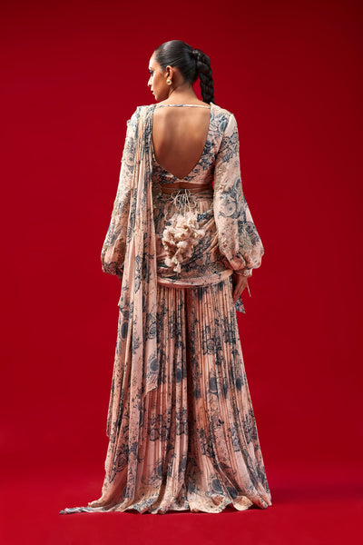 Champagne & Blue Blossom Palazzo Saree