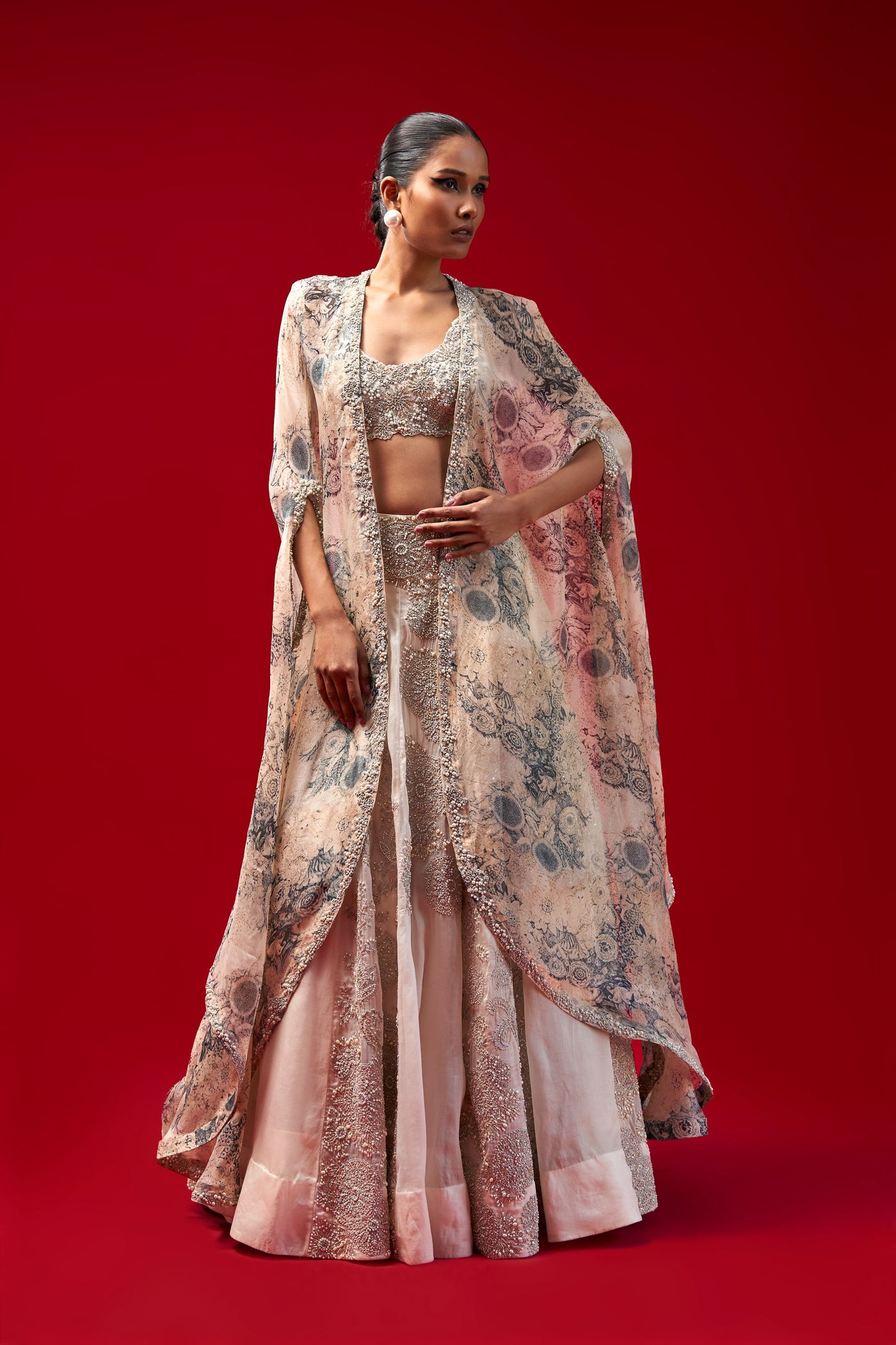Ivory Nejma Lehenga with Blossom Cape
