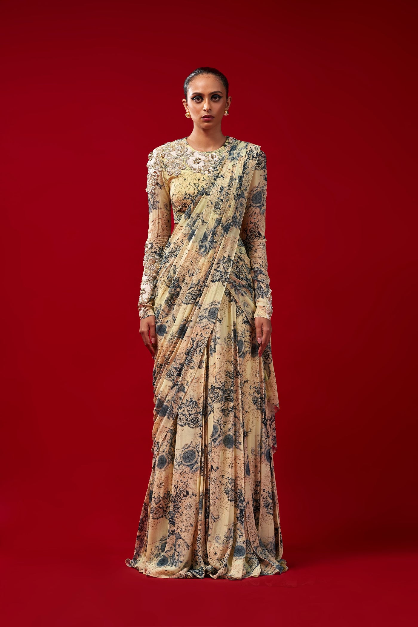 Mint & Blue Blossom Draped Saree