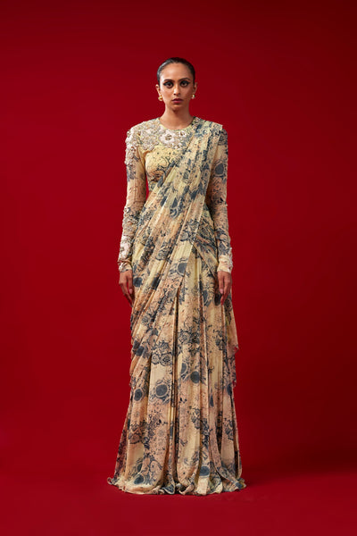 Mint & Blue Blossom Draped Saree