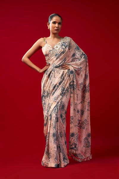 Champagne & Blue Blossom Saree