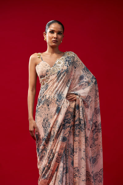 Champagne & Blue Blossom Saree