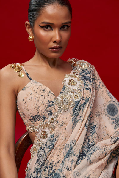 Champagne & Blue Blossom Saree