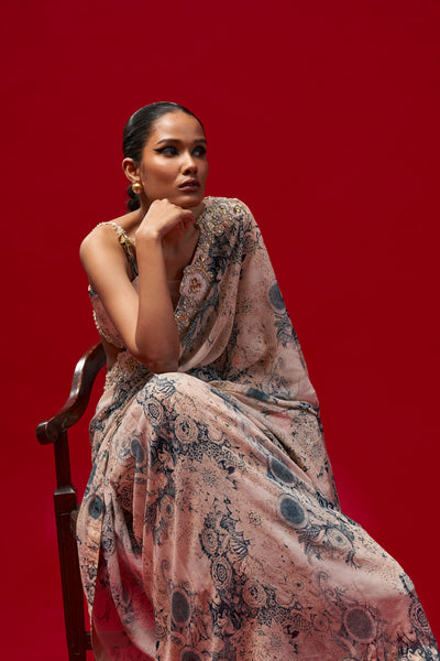 Champagne & Blue Blossom Saree