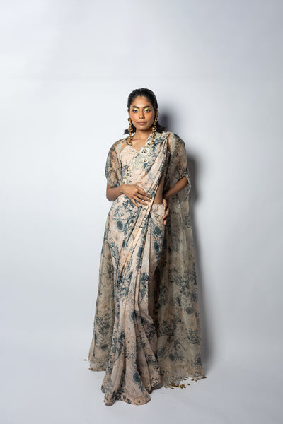 Champagne & Blue Cape Set with Blossom Saree