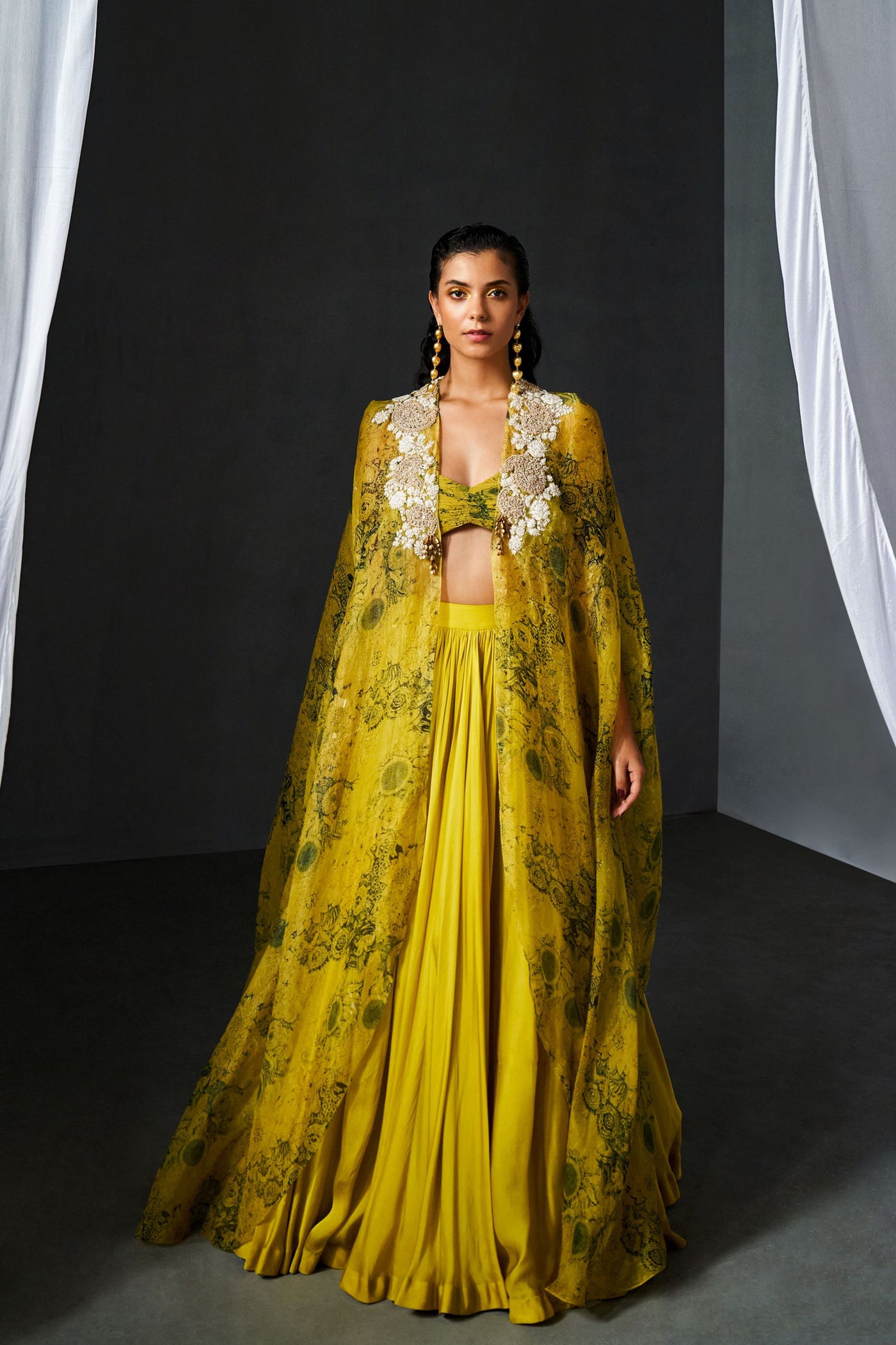 Mustard Yellow & Black Blossom Cape Lehenga Set