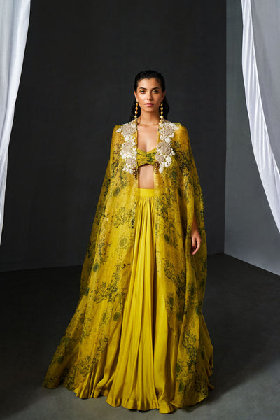 Mustard Yellow & Black Blossom Cape Lehenga Set